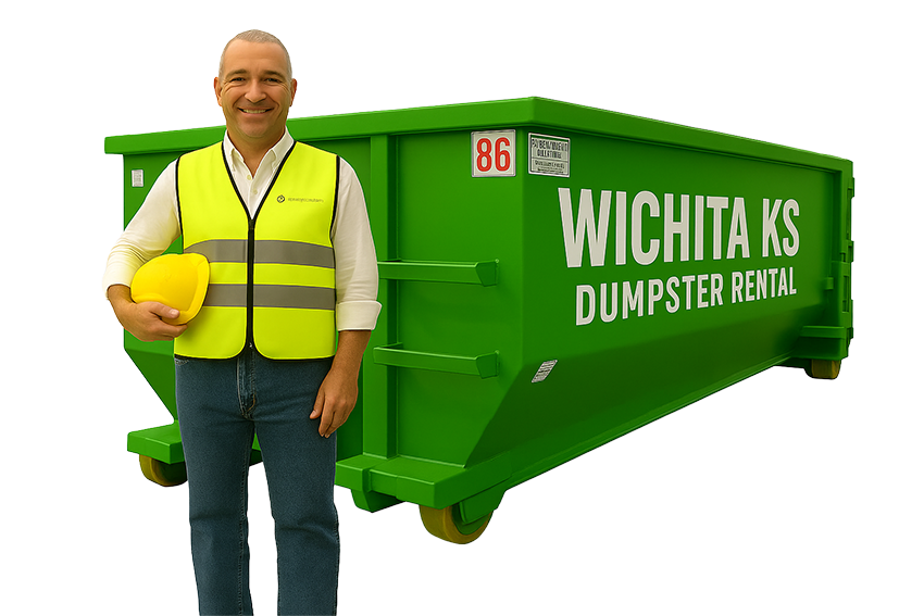 The image shows a middle-aged man with short gray hair standing beside a large bright green dumpster. He is smiling and wearing a white long-sleeve shirt with a yellow safety vest that has reflective stripes, along with blue jeans. He is holding a yellow hard hat in his left hand. The dumpster behind him is labeled in bold white letters that read “WICHITA KS DUMPSTER RENTAL.” The background is transparent, so only the man and the dumpster are visible, with no scenery or buildings behind them. The overall tone of the image feels professional, clean, and friendly — representing a trustworthy local dumpster rental service.